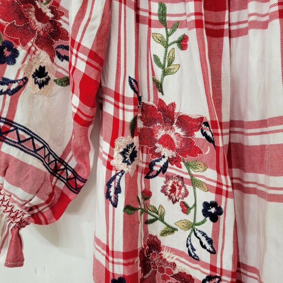 Zara Woman Red Embroidered Off the Shoulder Plaid Mini Dress - Picture 4 of 6